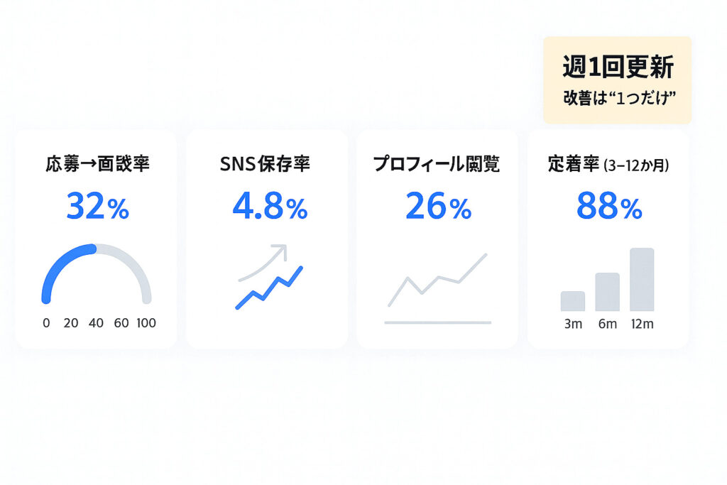 応募→面談率、SNS保存率、プロフィール閲覧率、定着率を示す4枚のKPIカード