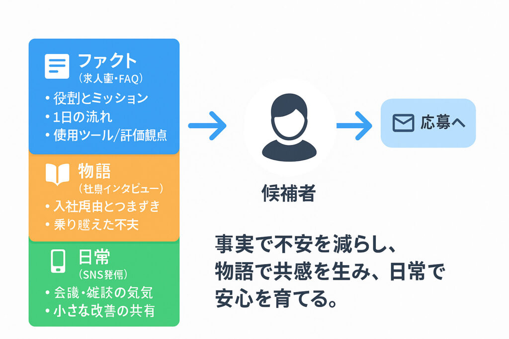 ファクト・物語・日常の3層が候補者の応募につながる図